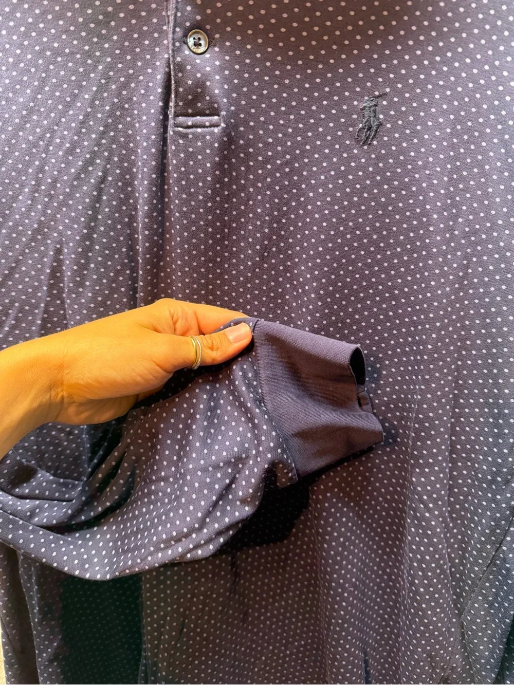 Ralph Lauren Navy Blue Long-Sleeve Polo with White Micro Dot Print